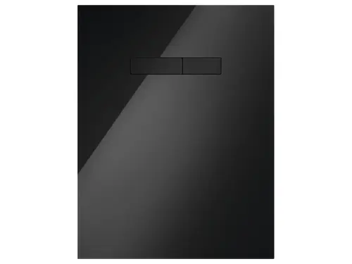 Schwarze Glasplatte von TECE mit zwei Tasten in schwarz. Die Oberfläche ist glatt und reflektierend. Es handelt sich um eine manuelle Betätigungsglasplatte.
